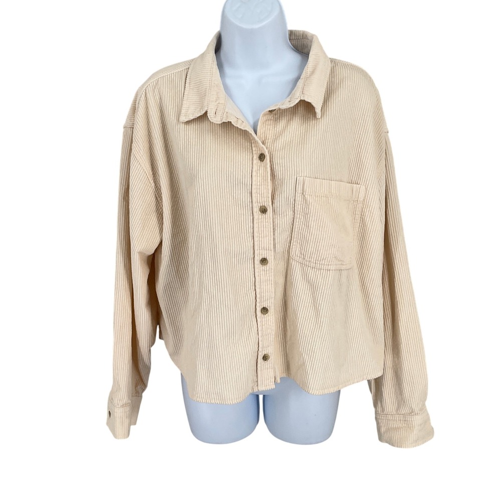 American Eagle Corduroy Shirt Womens XL Cream Oversized Cropped Shacket NEW